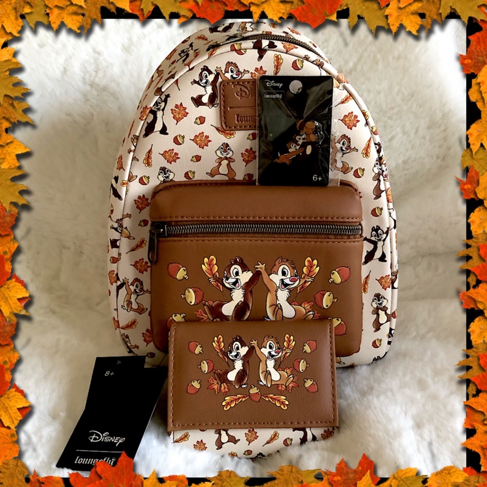 Disney Loungefly Chip n Dale Fall Leaves Acorns Backpack Bundle NWT - Picture 1 of 10